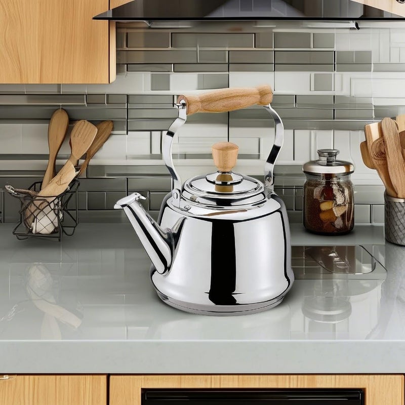 Cilio غلاية ماء سيليو تقليدية من الفولاذ المقاوم للصدأ، غلاية موقد مع مقابض خشبية، سعة 2.6 كوارت، فضي - Image 5